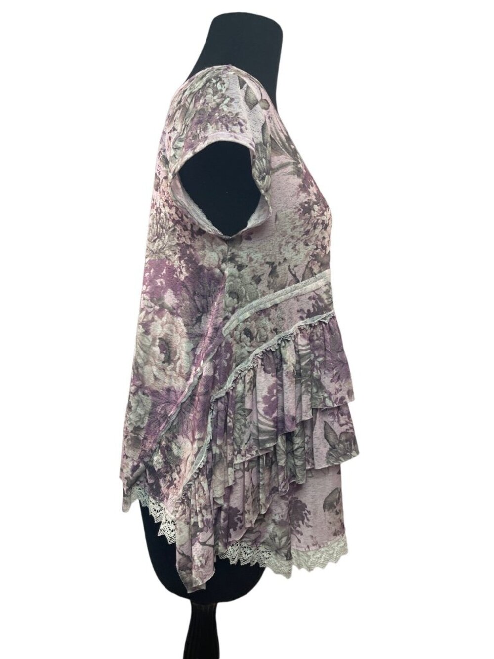 Tatienne Size Medium Floral Ruffle Cap Sleeve Layered Top Burgundy Gray Layers - Picture 8 of 9